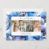 Blue Gold Watercolor Wedding Foto Danke Karte (Vorderseite)