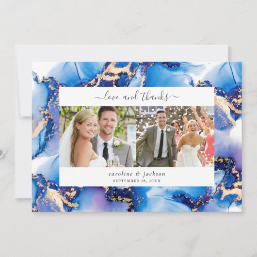 Blue Gold Watercolor Wedding Foto Danke Karte (Vorderseite)