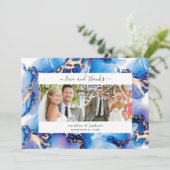 Blue Gold Watercolor Wedding Foto Danke Karte (Stehend Vorderseite)