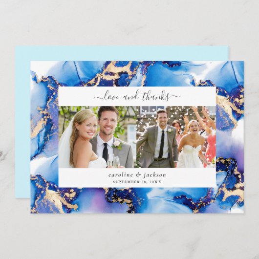 Blue Gold Watercolor Wedding Foto Danke Karte (Vorne/Hinten)