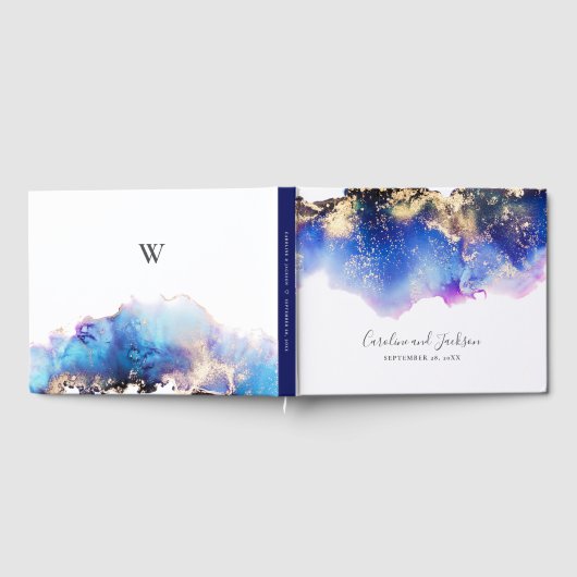 Blue Gold Watercolor Wedding Gästebuch (Voll)