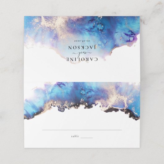 Blue Gold Watercolor Wedding Platzkarte (Außenseite Aufgefaltet)