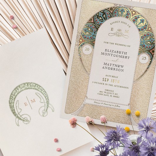 Blue Gold Wedding Art Nouveau Art Deco Folieneinladung