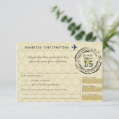 Blue Gold Wedding RSVP Boarding Pass nach Mexiko (Stehend Vorderseite)