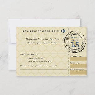 Blue Gold Wedding RSVP Boarding Pass nach Mexiko Karte