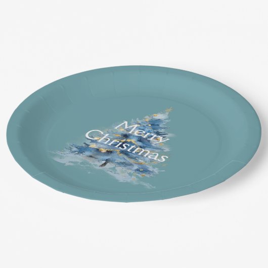 Blue Gold Weihnachtsbaum Pappteller (Schrägansicht)