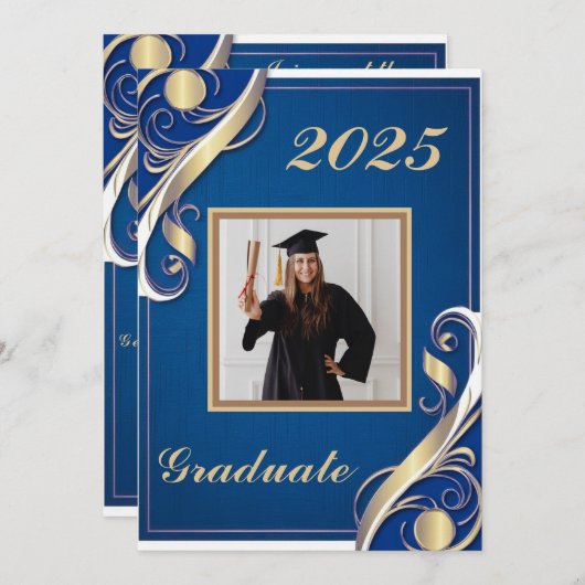 Blue Gold White Abschluss 2025 Einladung (Vorne/Hinten)