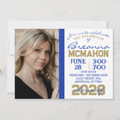 Blue, Gold & White Abschluss 2 Foto Einladung (Vorderseite)