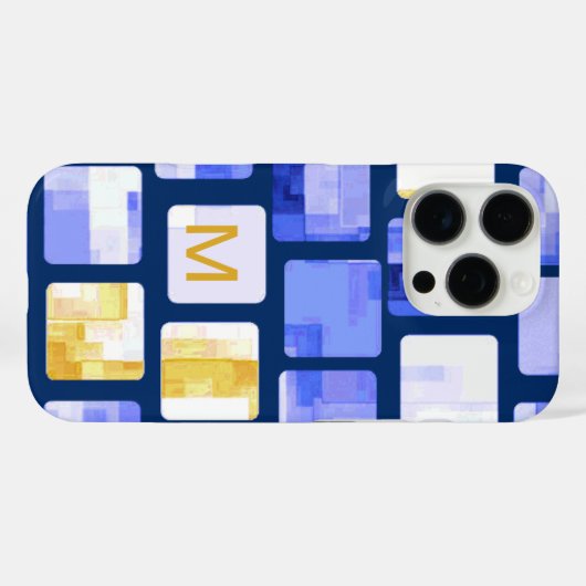 Blue Gold White Mosaic Monogram iPhone Case (Rückseite (Horizontal))