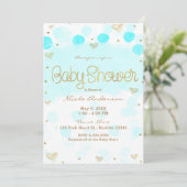 Blue Gold White Polka Dots & Hearts Baby Dusche Einladung (Stehend Vorderseite)