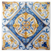 Blue Gold & White Talavera Azulejo Look Tile Fliese (Vorderseite)