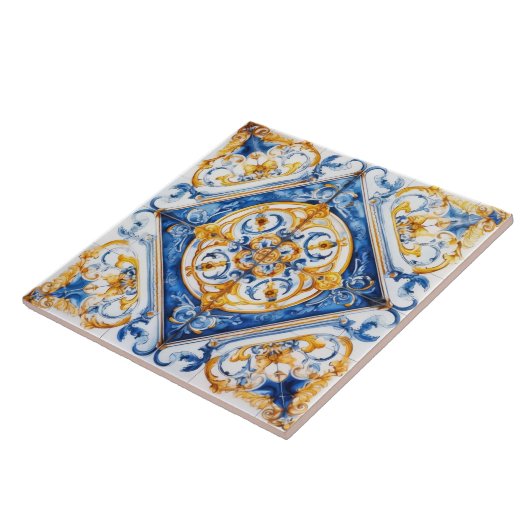 Blue Gold & White Talavera Azulejo Look Tile Fliese (Seite)