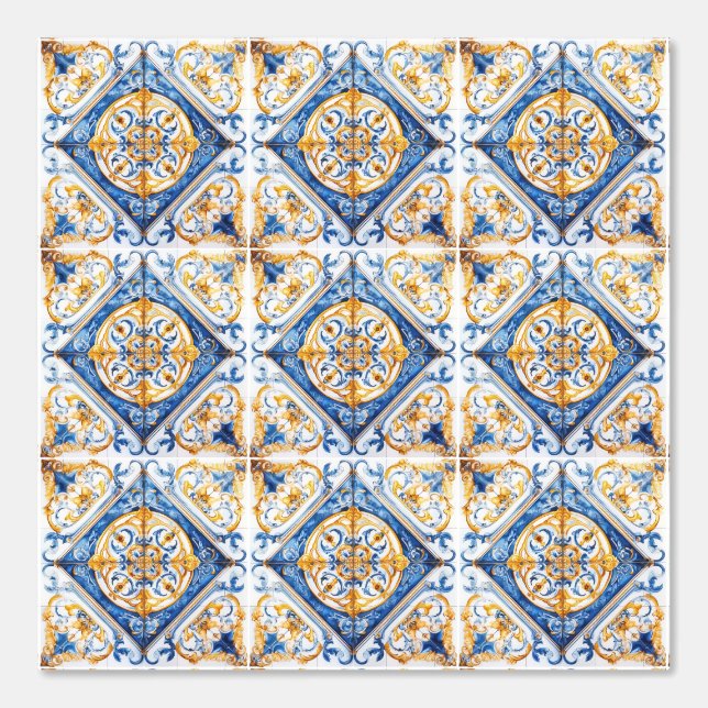 Blue Gold & White Talavera Azulejo Look Tile Tapete (Vorderseite)