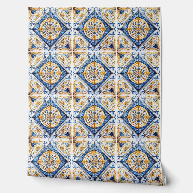 Blue Gold & White Talavera Azulejo Look Tile Tapete (Abrollen)