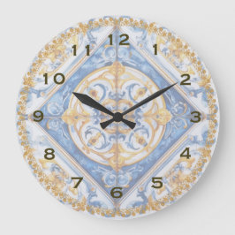 Blue Gold White Talavera Azulejo Look Wall Clock Große Wanduhr