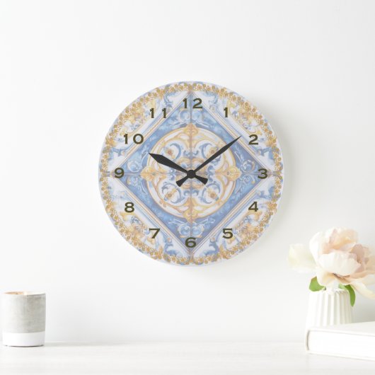 Blue Gold White Talavera Azulejo Look Wall Clock Große Wanduhr (Zuhause)