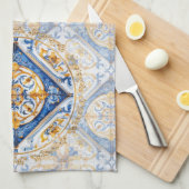 Blue Gold & White Talavera Azulejo Tile Look Geschirrtuch (Viertel Falte)