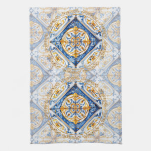 Blue Gold & White Talavera Azulejo Tile Look Geschirrtuch