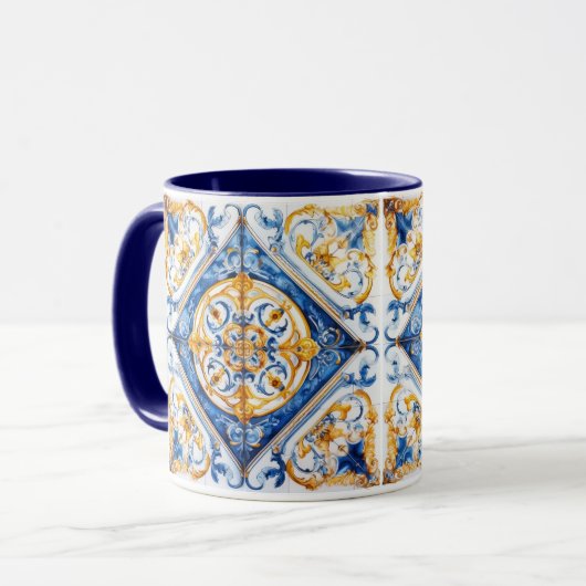 Blue Gold & White Talavera Azulejo Tile Look Tasse (Vorderseite Links)