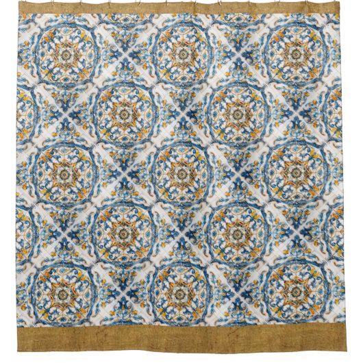 Blue Gold White Vietri Talavera Azulejo look Tile Duschvorhang (Vorderseite)