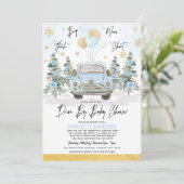 Blue Gold Winter Drive Thru Baby Boy Dusche Einladung (Stehend Vorderseite)