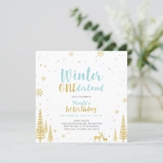 Blue & Gold Winter Onederland 1. Geburtstag Einladung