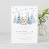 Blue Gold Winter Trees Teddy Bear Baby Boy Dusche Einladung (Stehend Vorderseite)