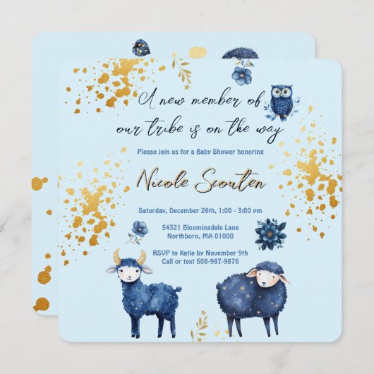 Blue Gold Woodland Baby Dusche Save the Date (Vorne/Hinten)