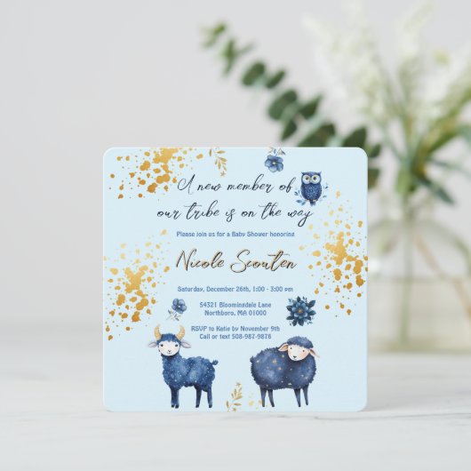 Blue Gold Woodland Baby Dusche Save the Date (Stehend Vorderseite)