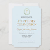 Blue Gold Wreath Cross Boy Erste heilige Kommunion Einladung (Vorderseite)