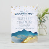 Blue Golden Mountain Engagement Party Einladung (Stehend Vorderseite)