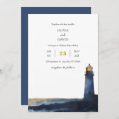 Blue Golden Sunset Lighthouse Beach Hochzeit Einladung (Vorne/Hinten)