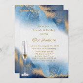 Blue Golden Watercolor Brunch & Bubbly Einladung (Vorne/Hinten)