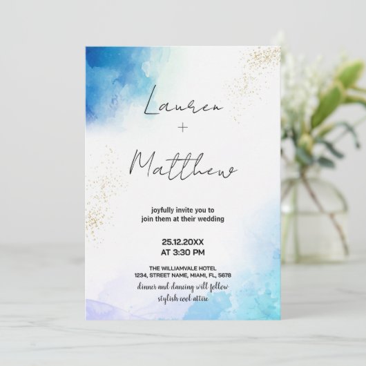 Blue Golden Wedding Einladungen (Stehend Vorderseite)