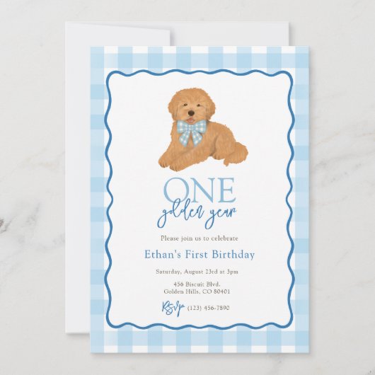 Blue Goldendoodle Dog Golden Year First Birthday Einladung (Vorderseite)