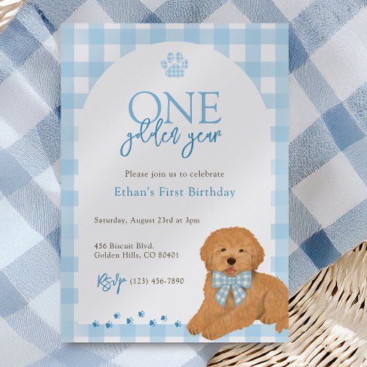 Blue Goldendoodle Dog One Golden Year Birthday Einladung