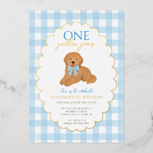 Blue Goldendoodle Puppy Dog Pawty 1st Birthday Folieneinladung (Vorderseite)