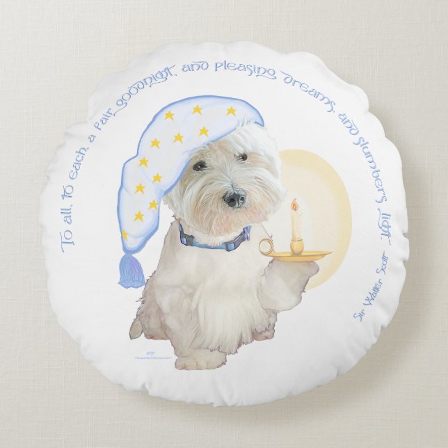 Blue Goodnight Westie mit Candle Rundes Kissen (Vorderseite)