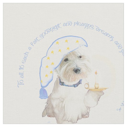 Blue Goodnight Westie mit Candle Stoff (Nahaufnahme)