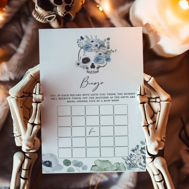 Blue Gothic Floral Skull Baby Shower Bingo Game (Floral Skull Baby Shower Bingo Game)