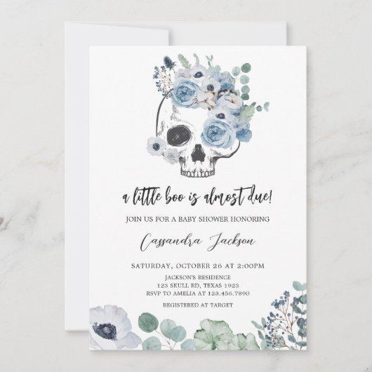 Blue Gothic Floral Skull Baby Shower Einladung (Vorderseite)