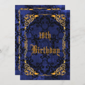 Blue Gothic & Gold Gerahmt 18. Geburtstag Einladung (Vorne/Hinten)