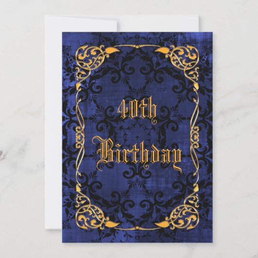 Blue Gothic & Gold Gerahmt 40. Geburtstag Einladung (Vorderseite)