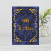 Blue Gothic & Gold Gerahmt 40. Geburtstag Einladung (Stehend Vorderseite)