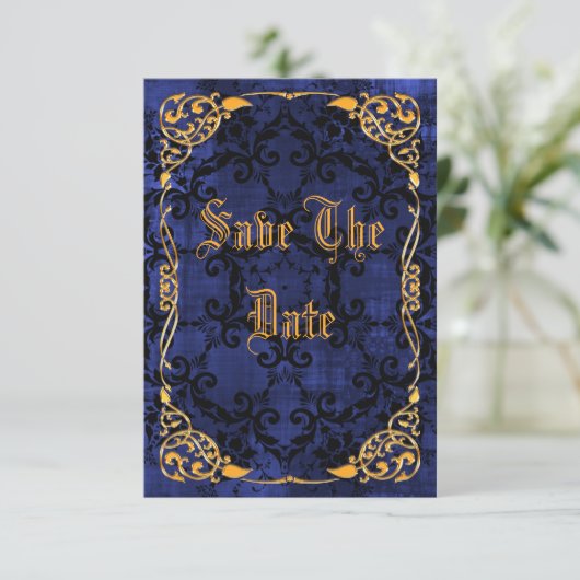 Blue Gothic & Gold Gerahmt 45. Save the Date (Stehend Vorderseite)