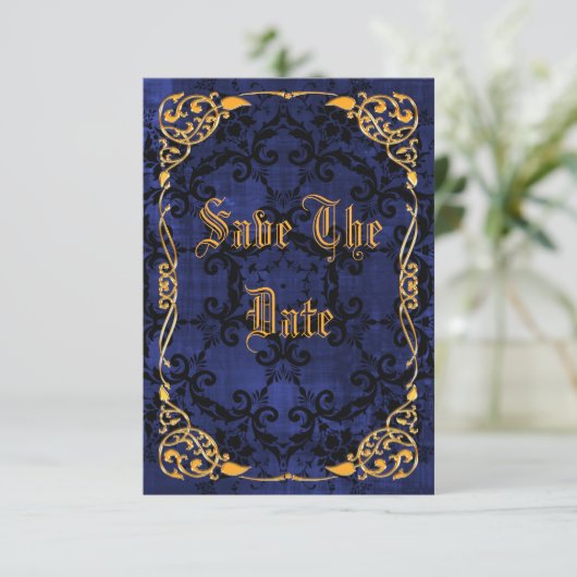 Blue Gothic & Gold Gerahmt Sweet 16 Save the Date (Stehend Vorderseite)