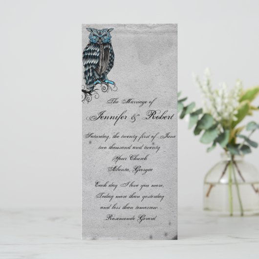 Blue Gothic Owl Posh Wedding Programm (Stehend Vorderseite)