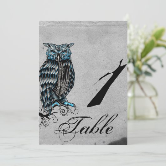 Blue Gothic Owl Posh Wedding Tischnummer (Stehend Vorderseite)