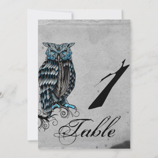 Blue Gothic Owl Posh Wedding Tischnummer (Rückseite)