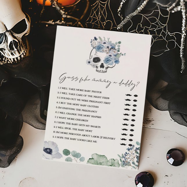 Blue Gothic Skull rät, wer Mama oder Daddy Game is (Floral Skull Baby Shower Guess who Mommy or Daddy Game)